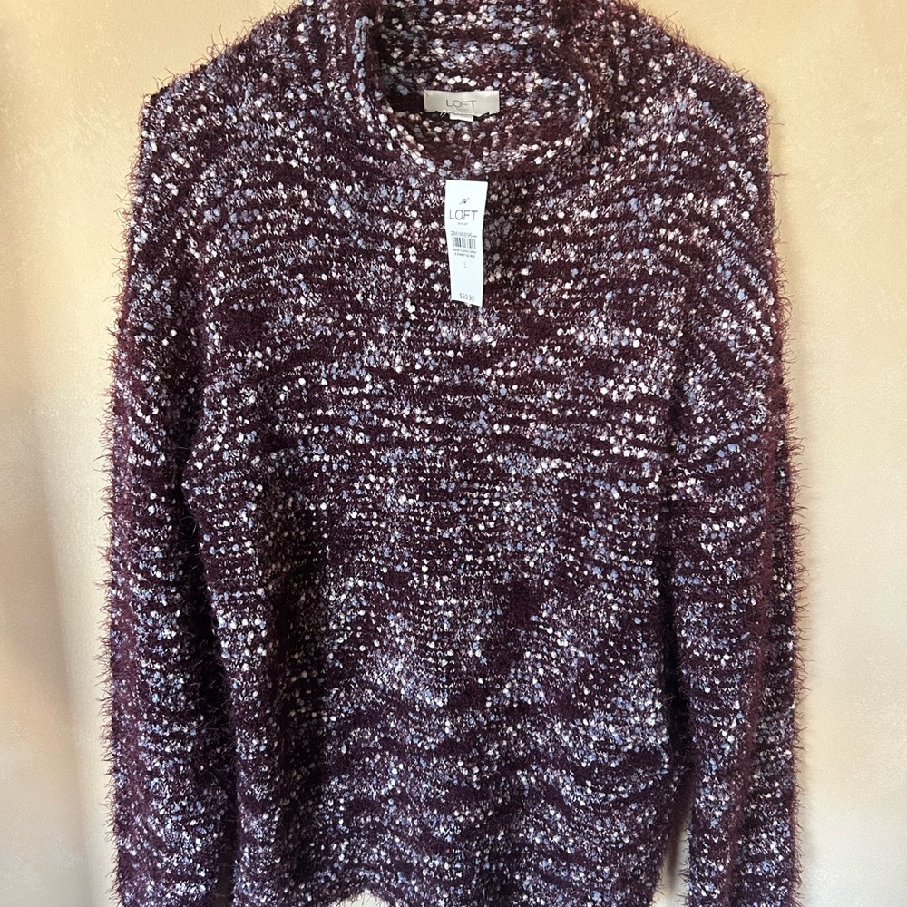 LOFT Purple and White Cozy Cowl Neck Sweater